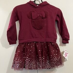 NWT Disney Junior Burgundy Minnie Mouse Hoodie Dress with Starry Skirt